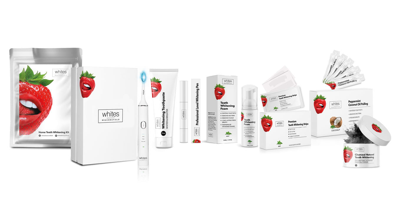 Whites Beaconsfield. Full range: Teeth whitening kit, sonic toothbrush, veneer & polish whitening toothpaste, teeth whitening pen, teeth whitening foam, teeth whitening strips, peppermint coconut oil pulling sachets, activated charcoal powder