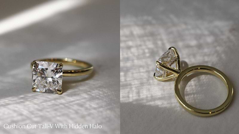 Cushion cut diamond ring with hidden halo.