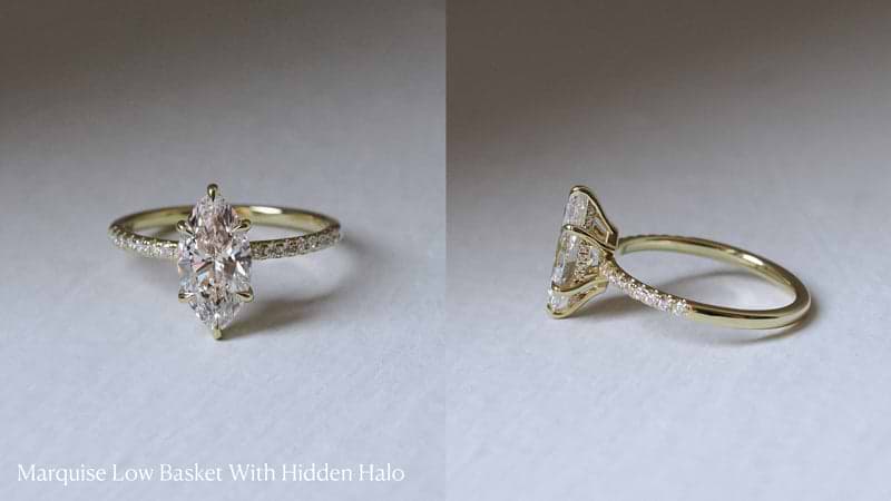 Marquise cut diamond ring with hidden halo.