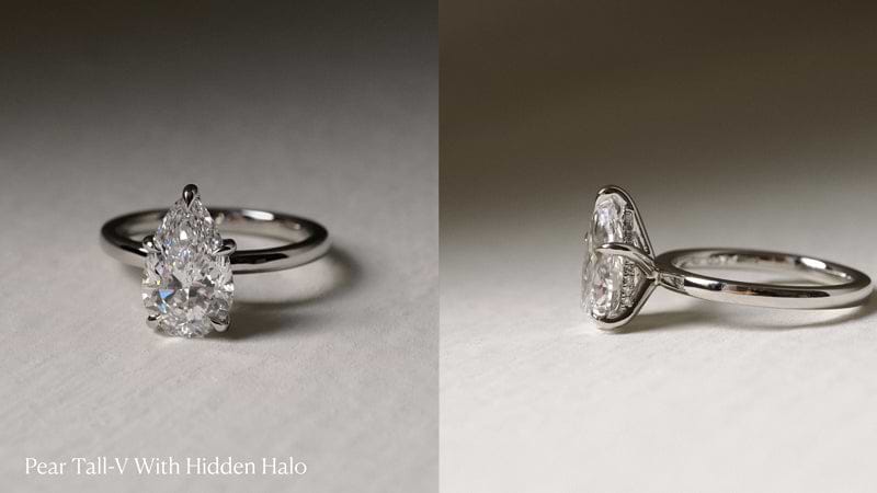 Pear cut diamond ring with hidden halo.