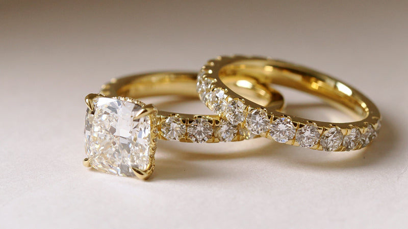 Cushion Cut Yellow Gold Wide Pave Engagement Ring and Wedding Band