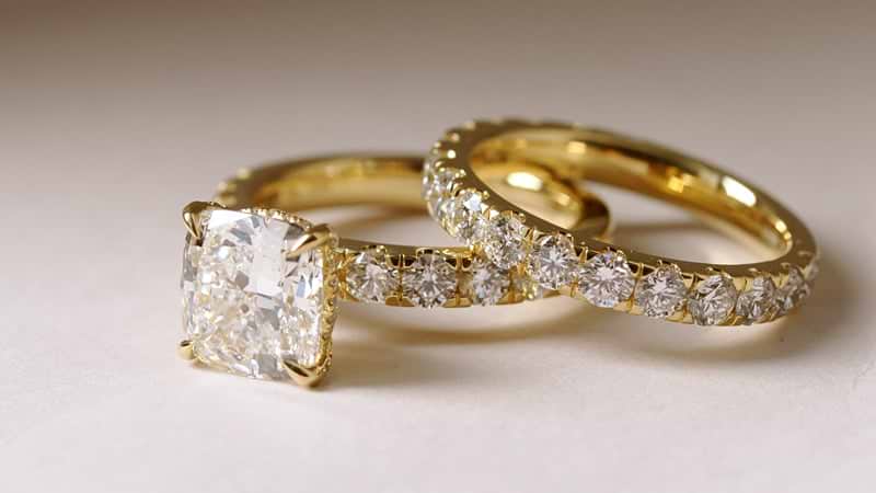 Cushion Cut Yellow Gold Wide Pave Engagement Ring and Wedding Band