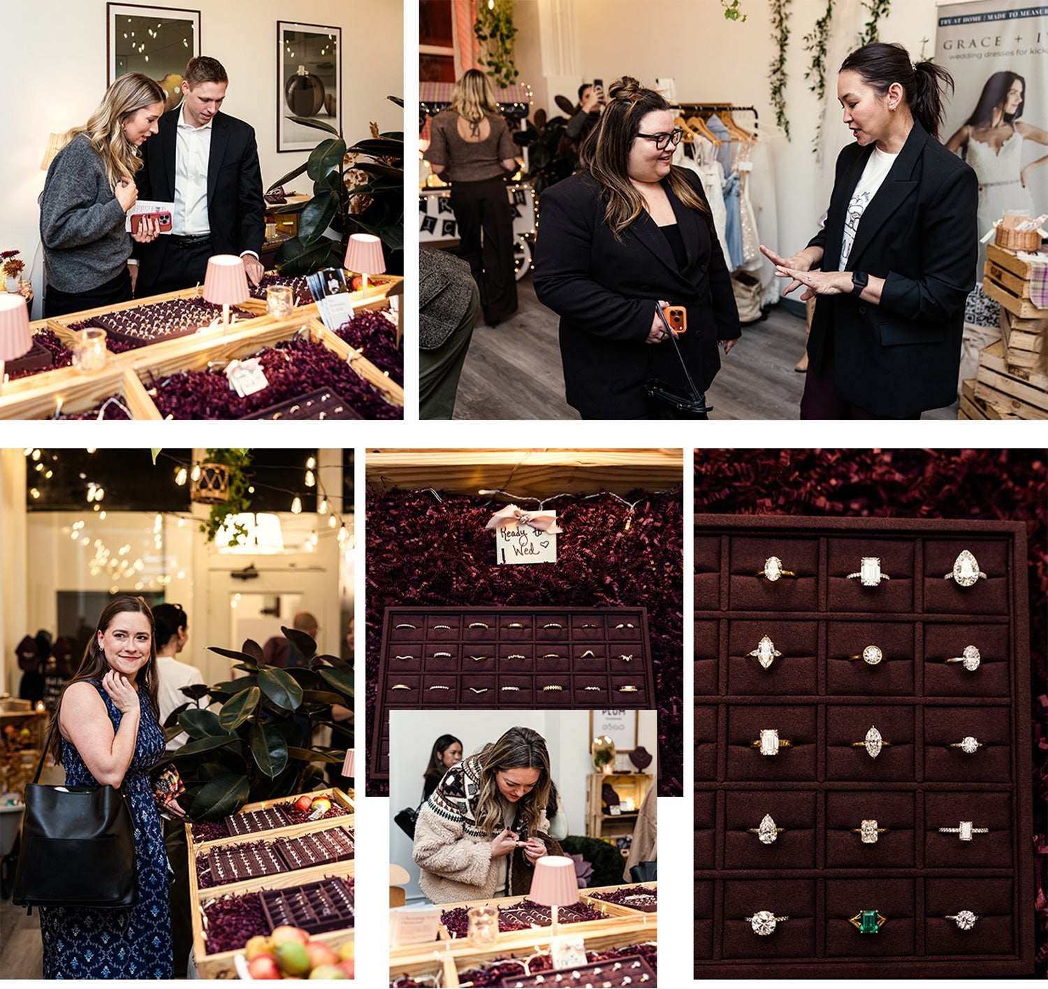 Excited guests trying on rings at our custom farm stand display.