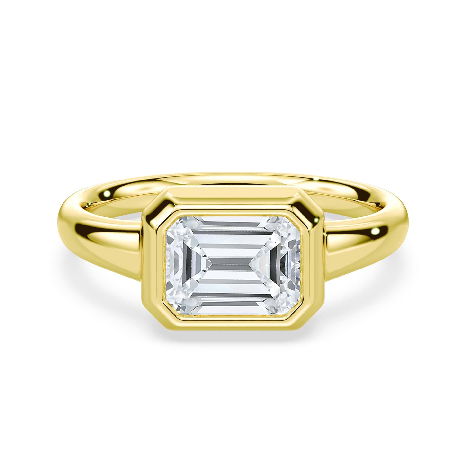 Emerald Cut East-West Bezel Ring Yellow Gold – Plum