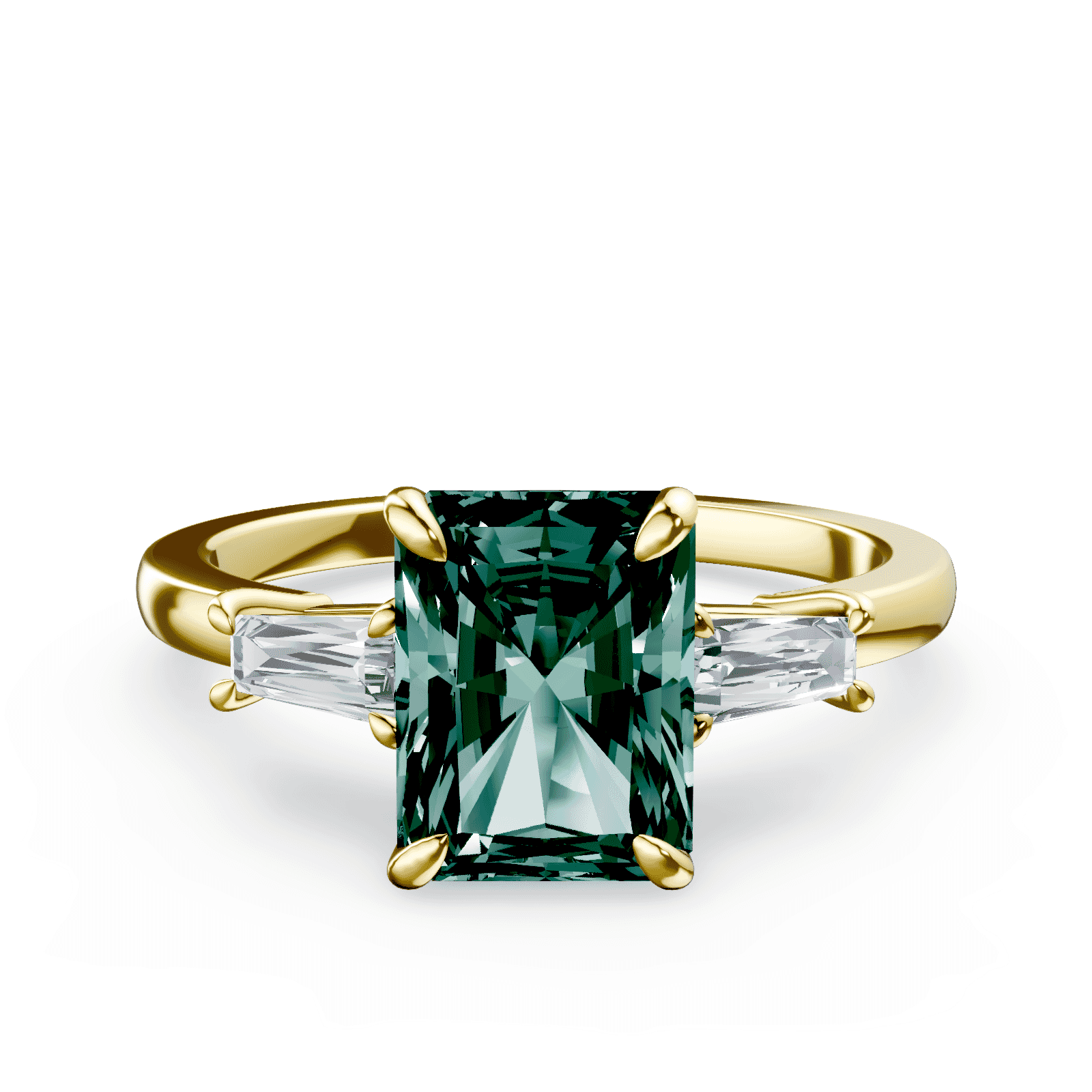 Radiant Cut Three Stone Green Diamond Ring