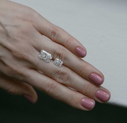 Two Radiant Cut Diamonds on a Hand