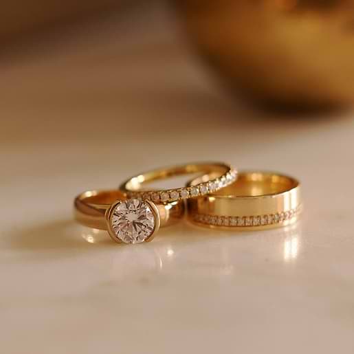 Yellow Gold Round Half Bezel Engagement Ring with 2 Diamond Wedding Bands