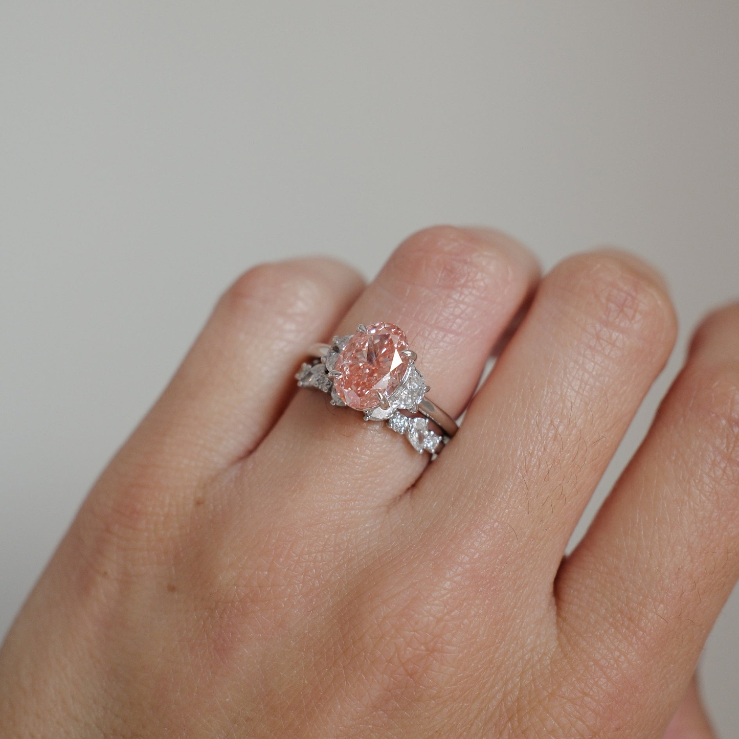 Pink Oval 4ct Three Stone Ring