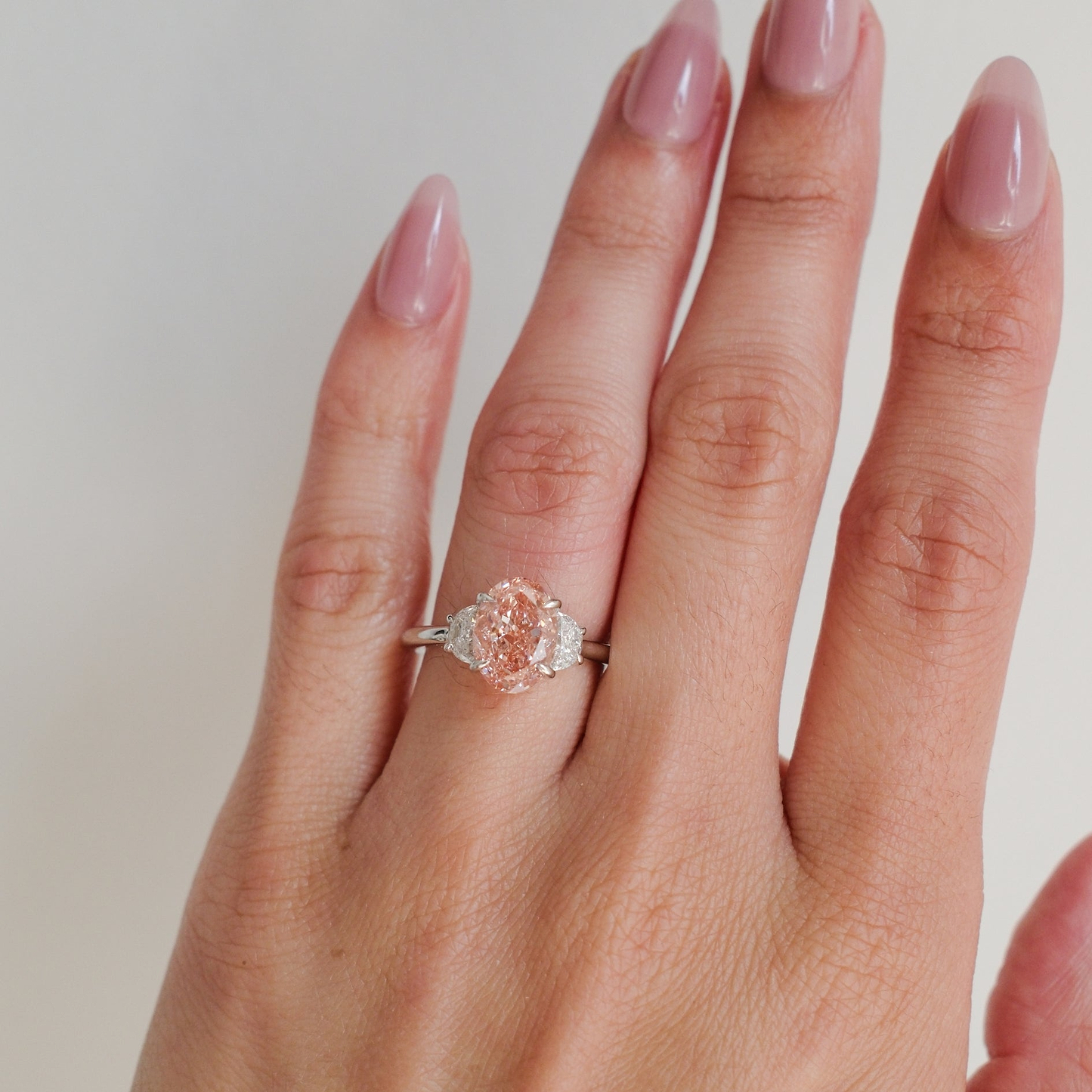 Pink Oval 4ct Three Stone Ring