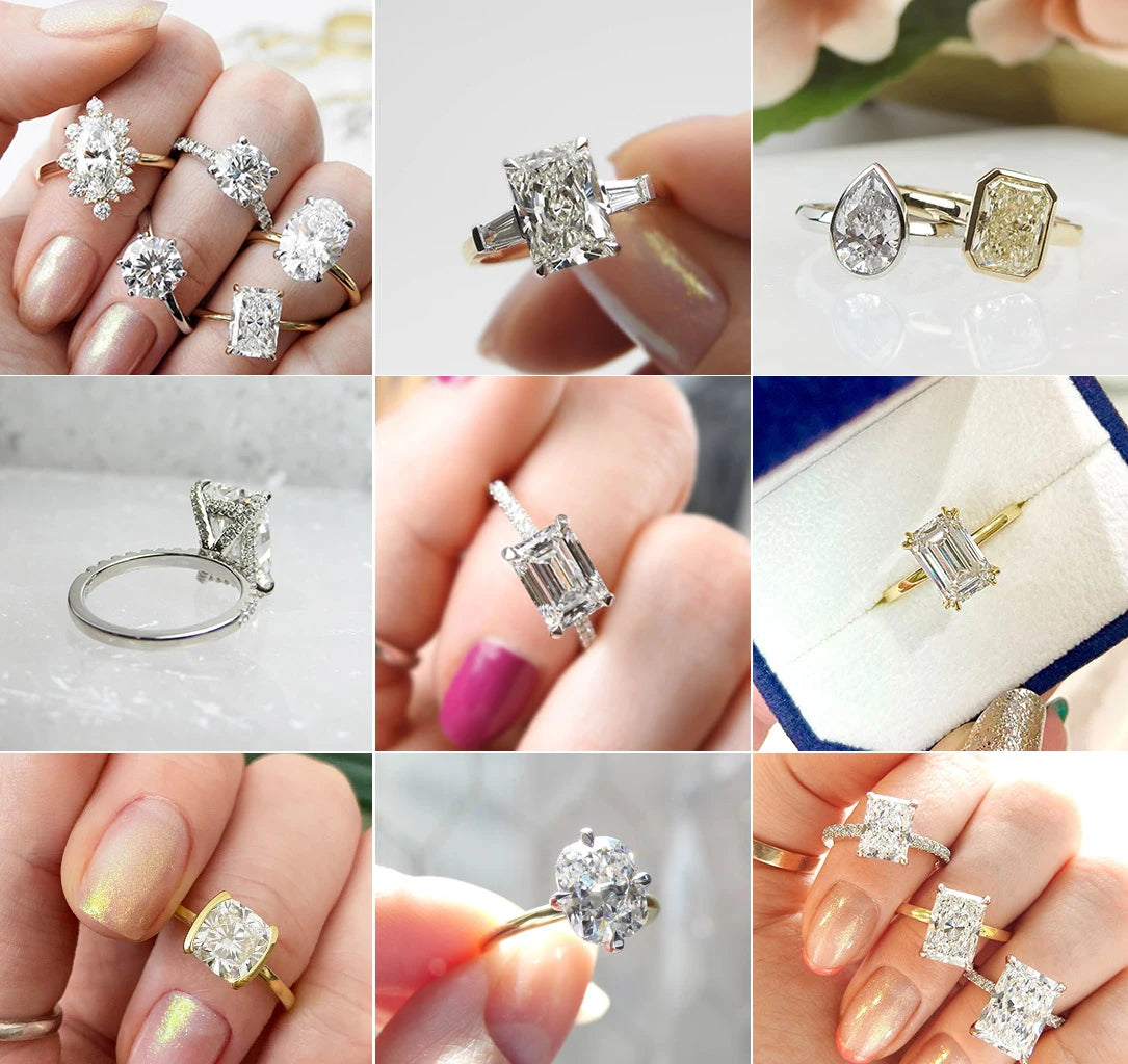 a nine photo collage of various lab grown diamond engagement rings by Plum Diamonds
