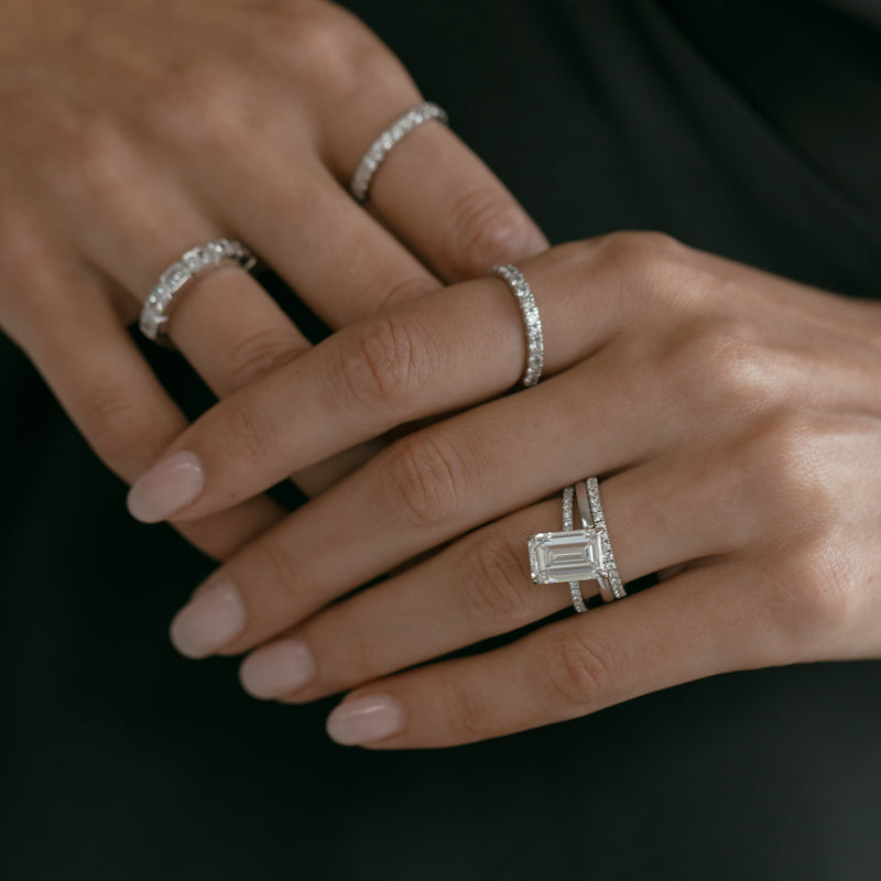 Emerald Cut 5.42ct Low Basket Hidden Halo Pave Ring