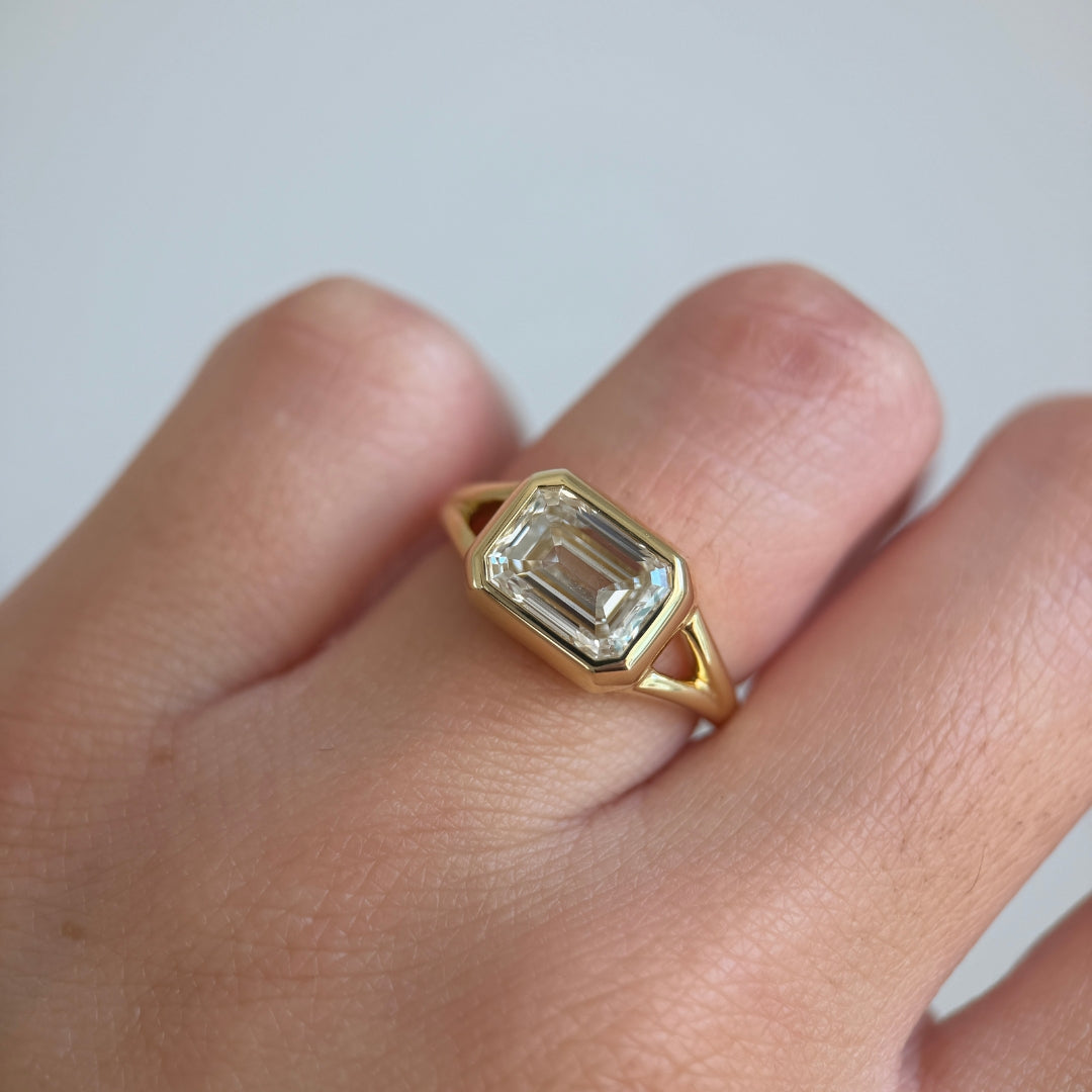 Emerald Cut 2.75ct East-West Split Shank Bezel Ring