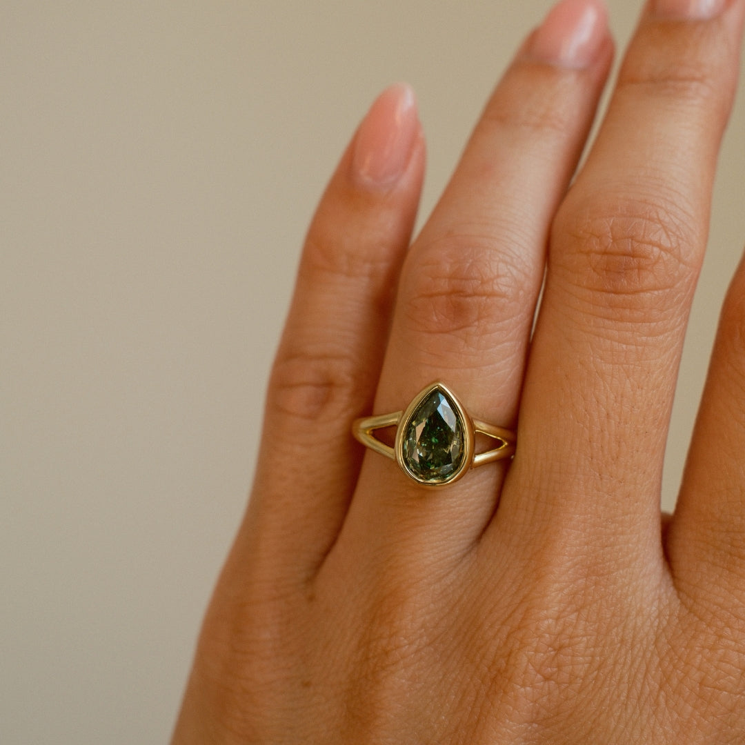 SOLD Pear Cut 2.30ct Green Diamond Split Shank Bezel Ring