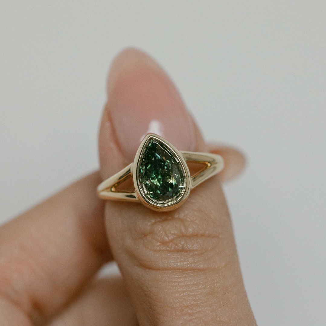 SOLD Pear Cut 2.30ct Green Diamond Split Shank Bezel Ring