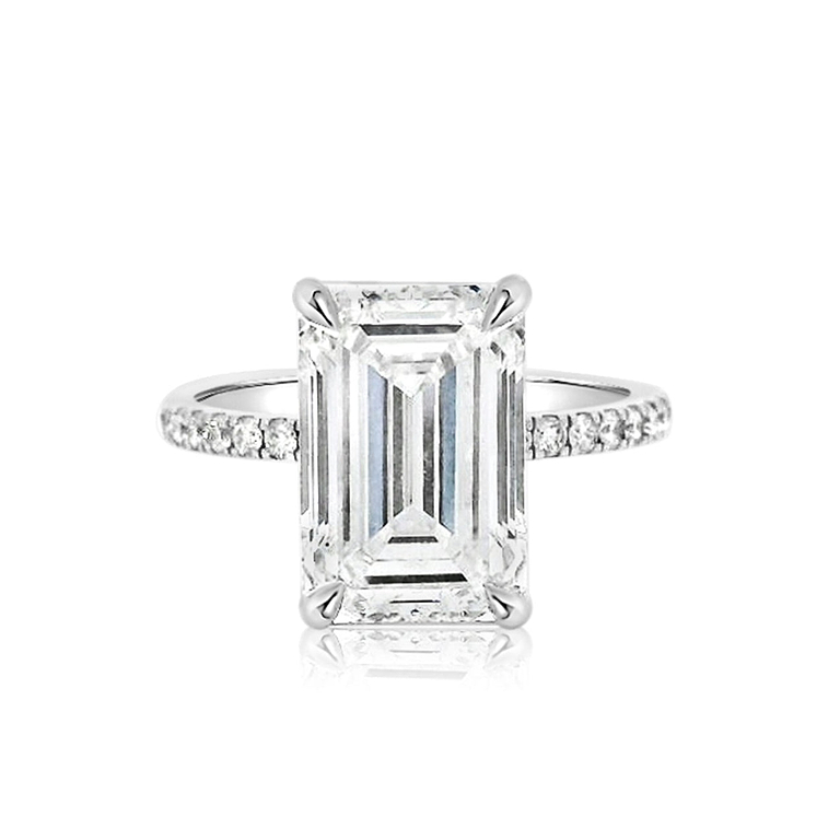 Emerald Cut 5.42ct Low Basket Hidden Halo Pave Ring