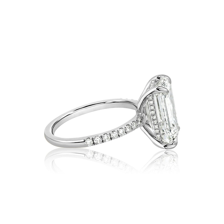 Emerald Cut 5.42ct Low Basket Hidden Halo Pave Ring