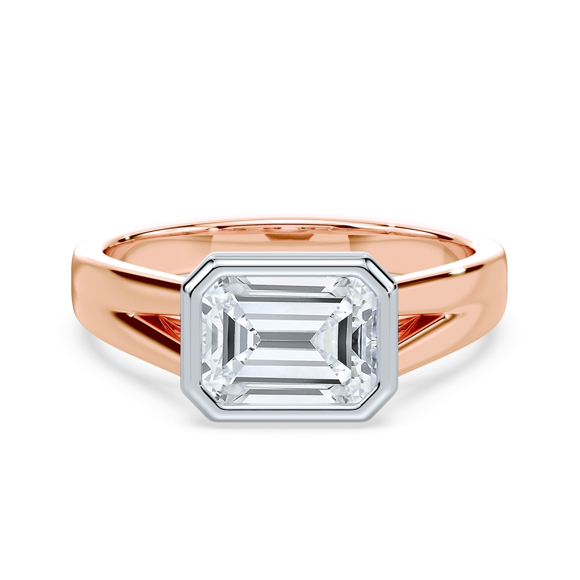 Emerald Cut East-West Split Cathedral Bezel Ring – Plum