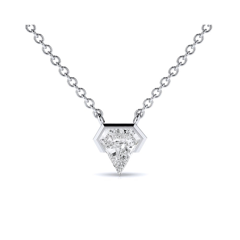 white gold bezel set shield cut diamond pendant
