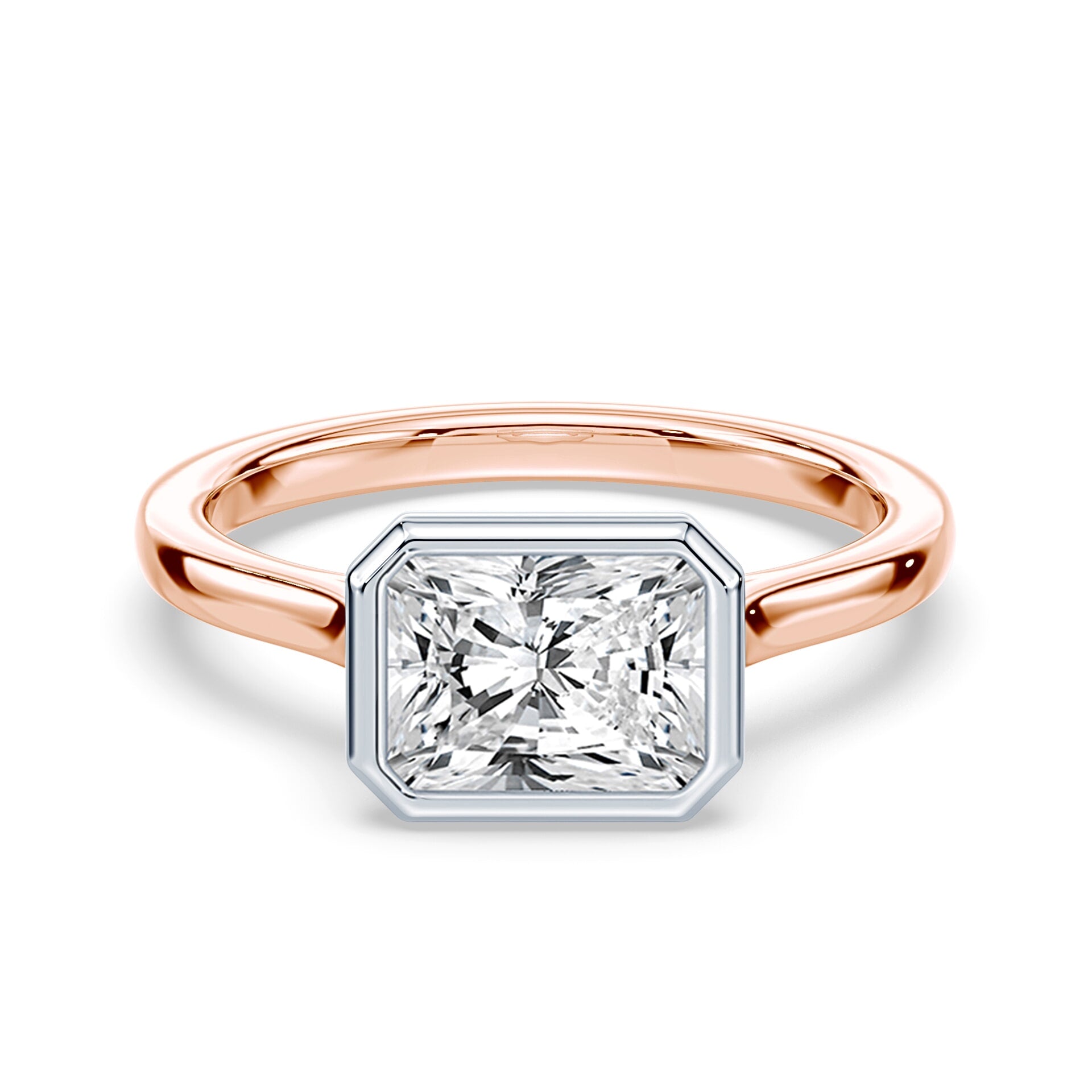 Radiant Cut East-West Cathedral Bezel Platinum and Rose Gold