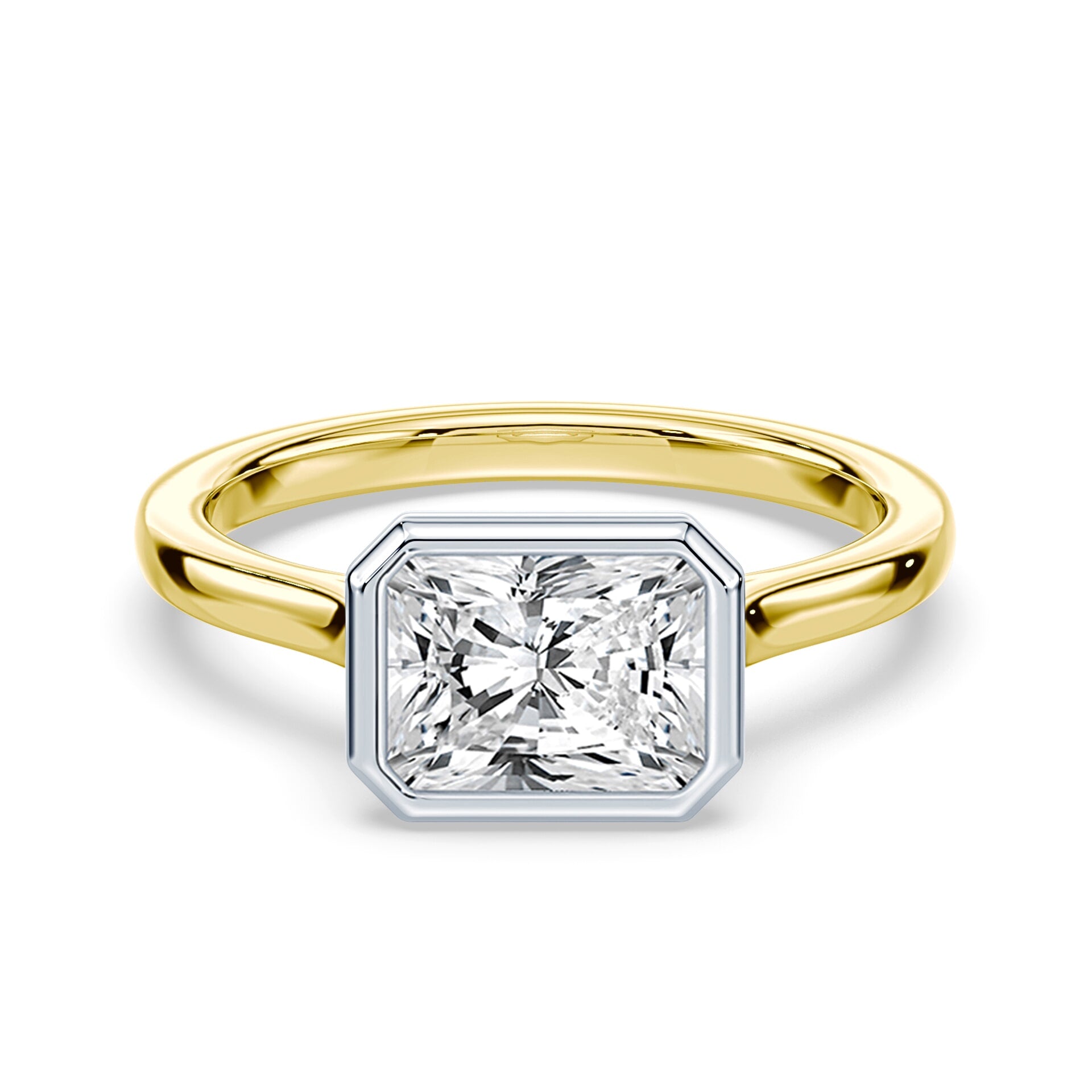 Radiant Cut East-West Cathedral Bezel Platinum and Yellow Gold