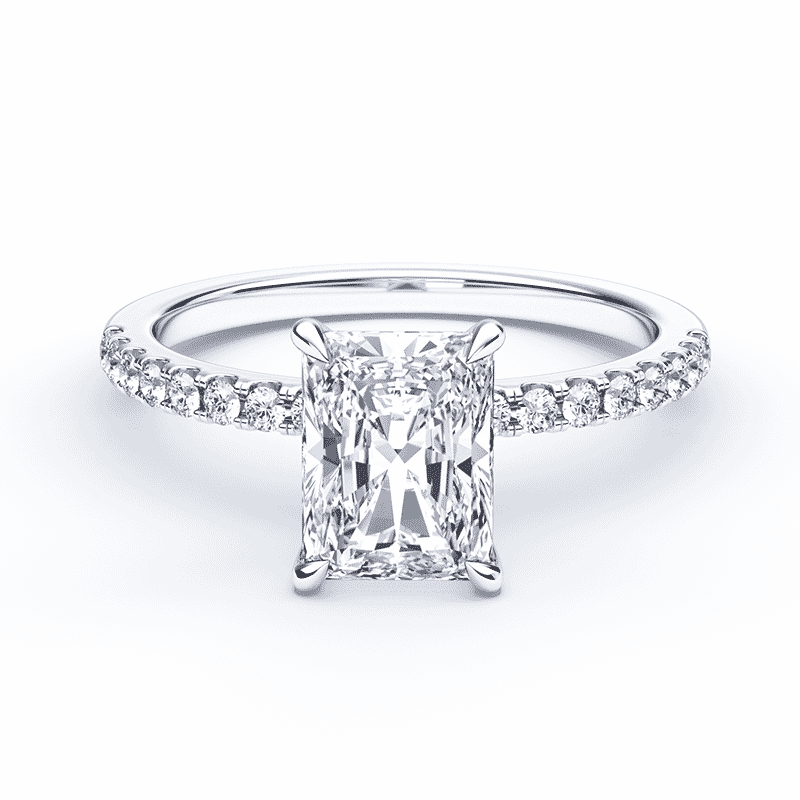 radiant cut diamond engagement ring with pave white gold band