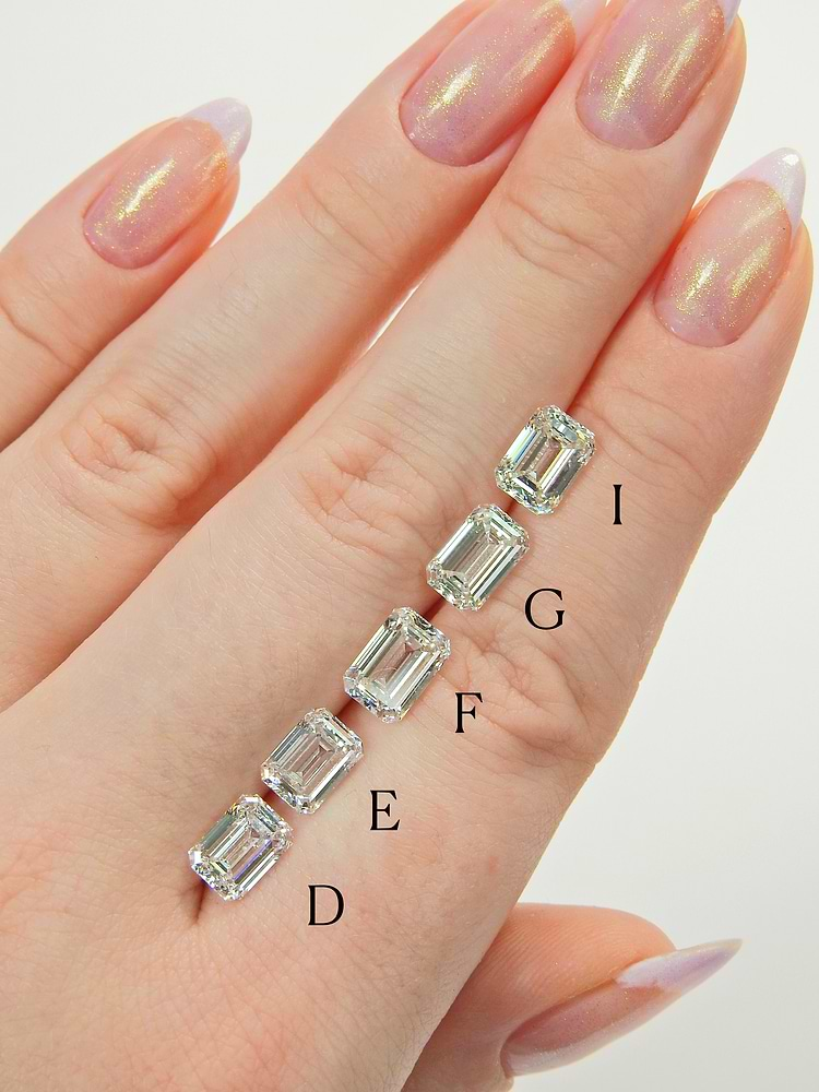 Emerald Cut Diamonds with D, E, F, G, and I color to show the diamond color chart