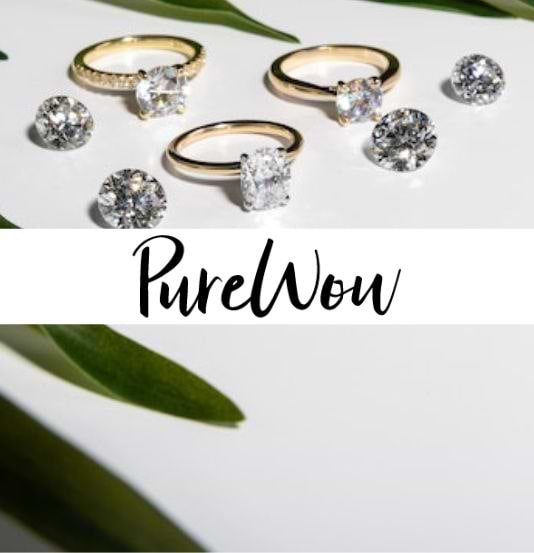 PureWow logo bannered over several loose diamonds and diamond rings