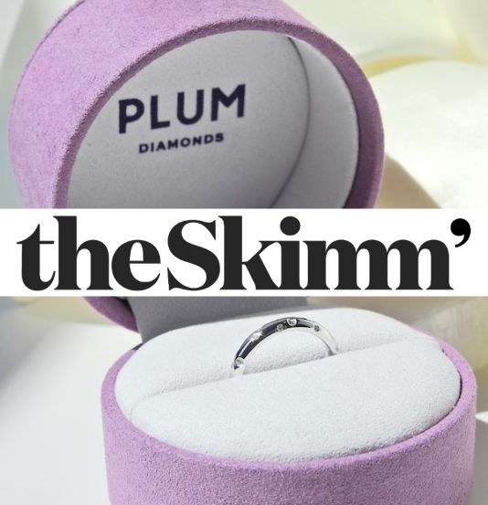 The Skimm' logo bannered over a diamond ring in a rng box