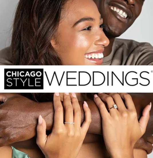 Chicago Style Weddings logo bannered over a couple hugging