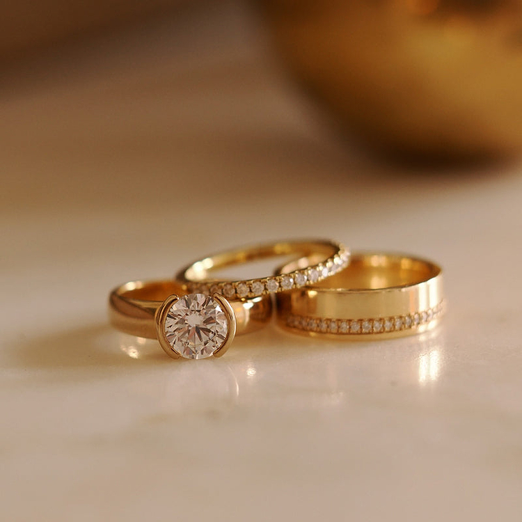 Yellow Gold Round Half Bezel Engagement Ring with 2 Diamond Wedding Bands 