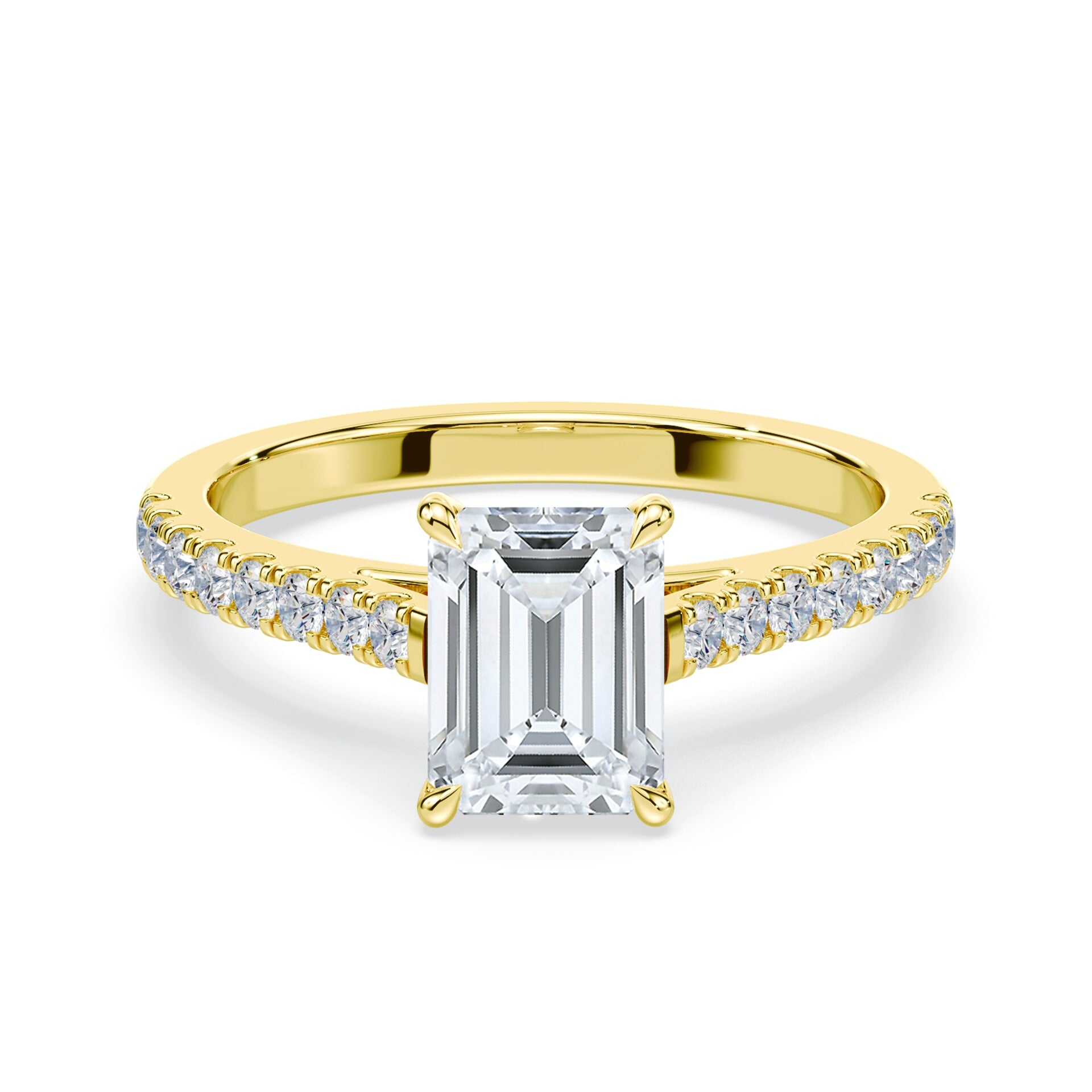 Emerald Cut Slim Pave Cathedral Yellow Gold Ring