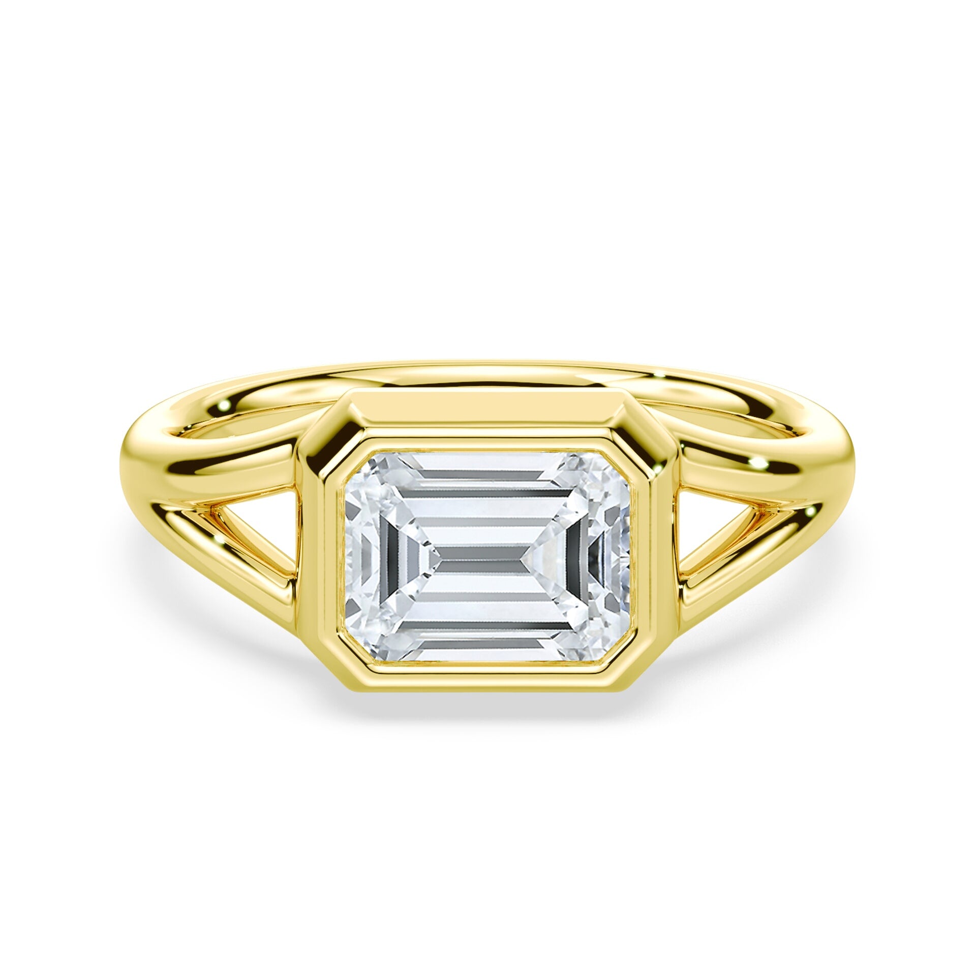 Emerald Cut East-West Bezel Ring Yellow Gold