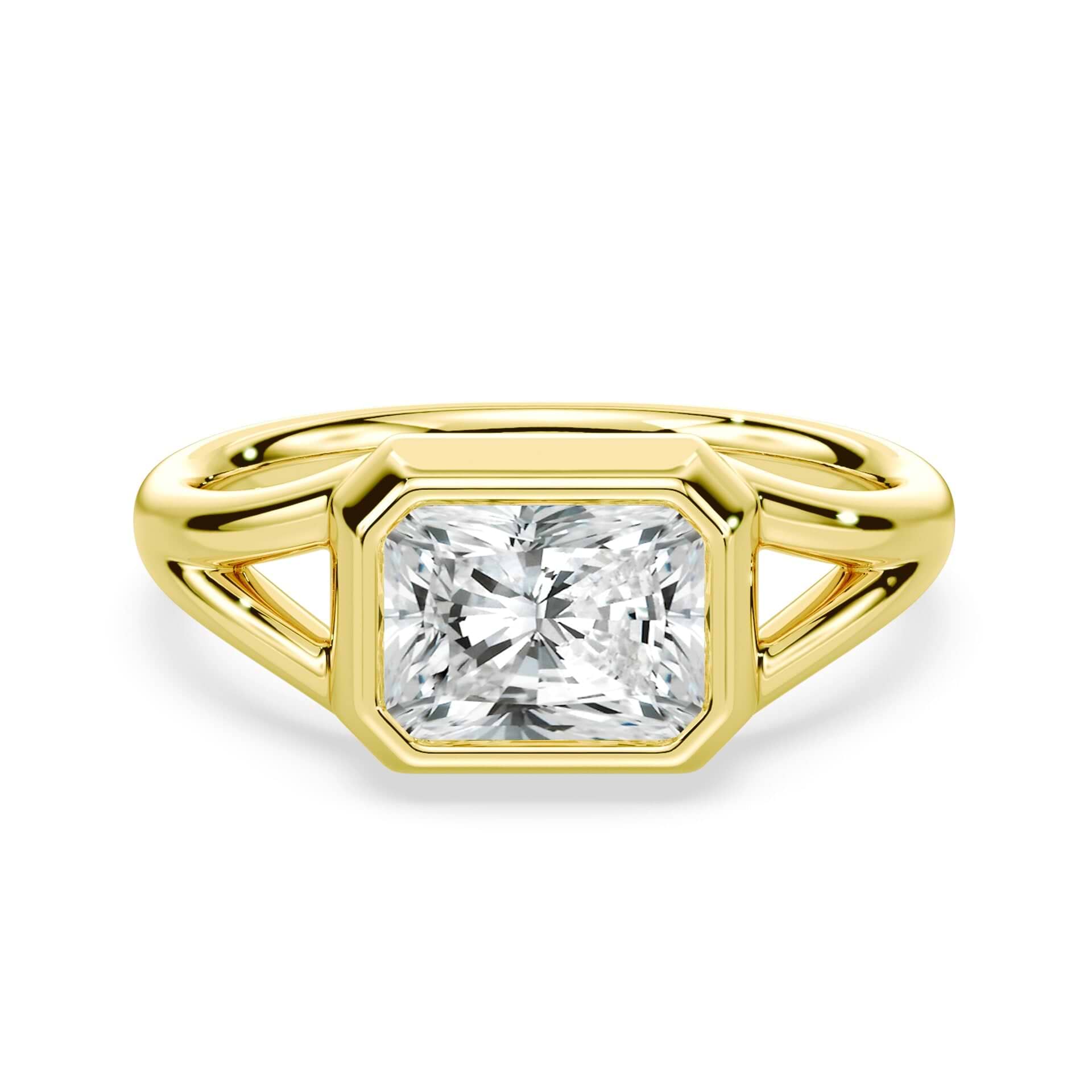 Radiant Cut East-West Split Shank Bezel Ring