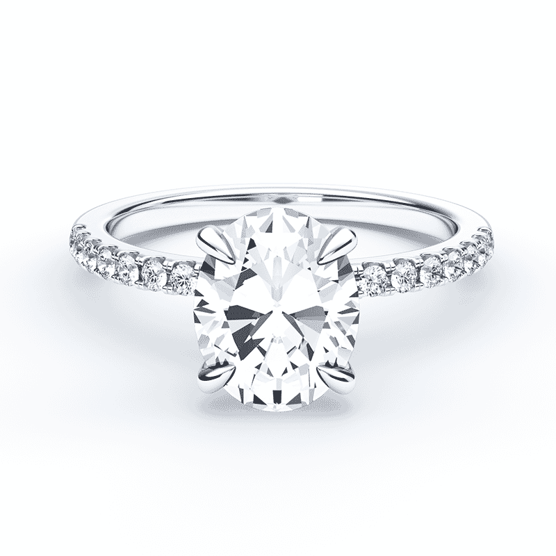 oval cut diamond engagement ring with pave white gold band