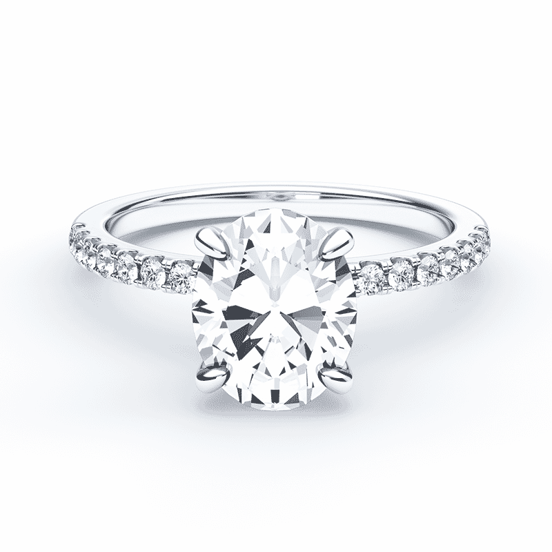 oval cut diamond engagement ring with pave white gold band