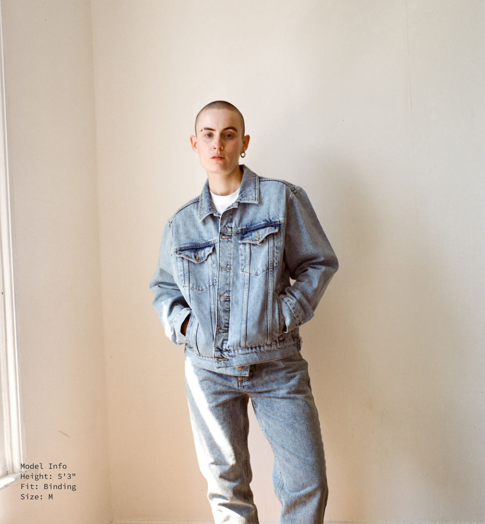 5'3" model, binding, in M light blue denim jacket