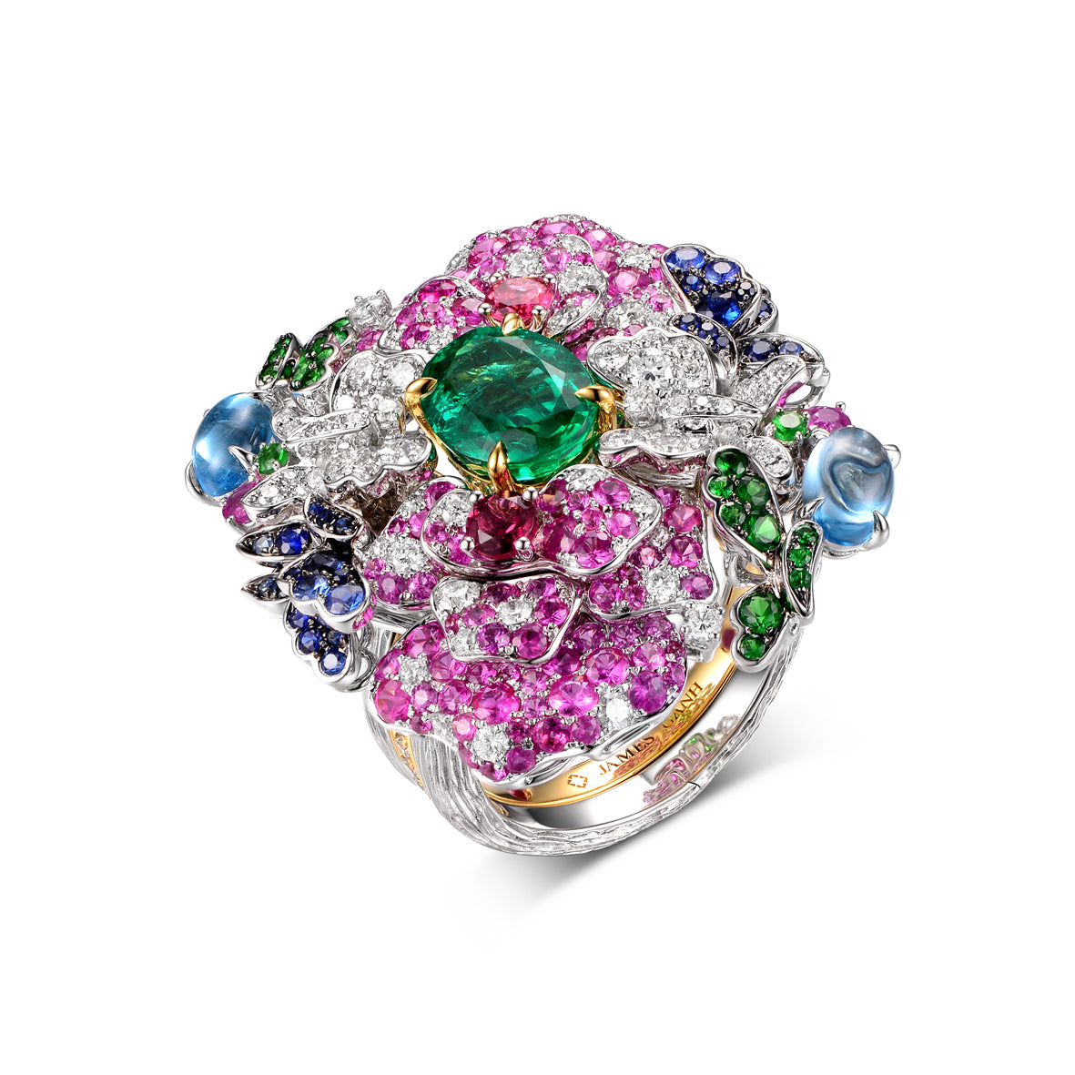 Fabergé x James Ganh Flora and Fauna White And Yellow Gold Cushion Cut Emerald And Multicoloured Gemstone Transformable Ring