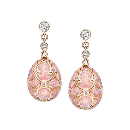 Elegant Fabergé egg-shaped earrings with pink and gold design on a white background