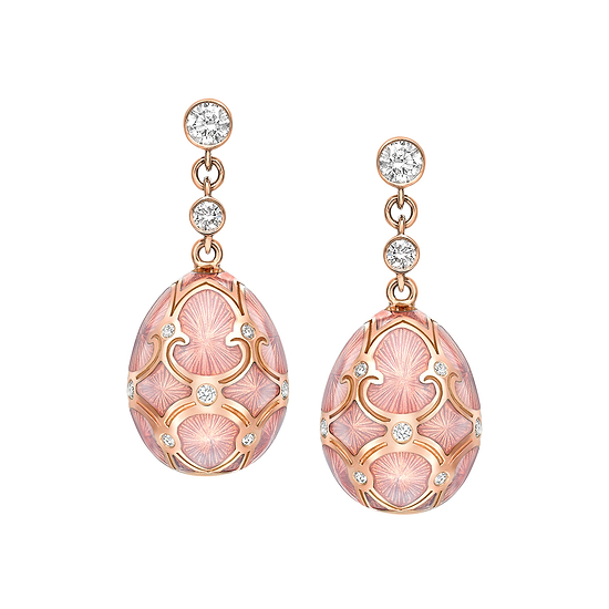 Elegant Fabergé egg-shaped earrings with pink and gold design on a white background