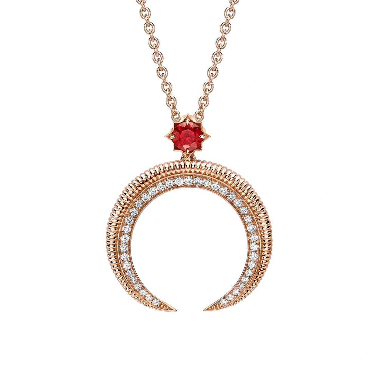 Crescent Rose Gold Ruby & Diamond Pendant | Fabergé | Fabergé