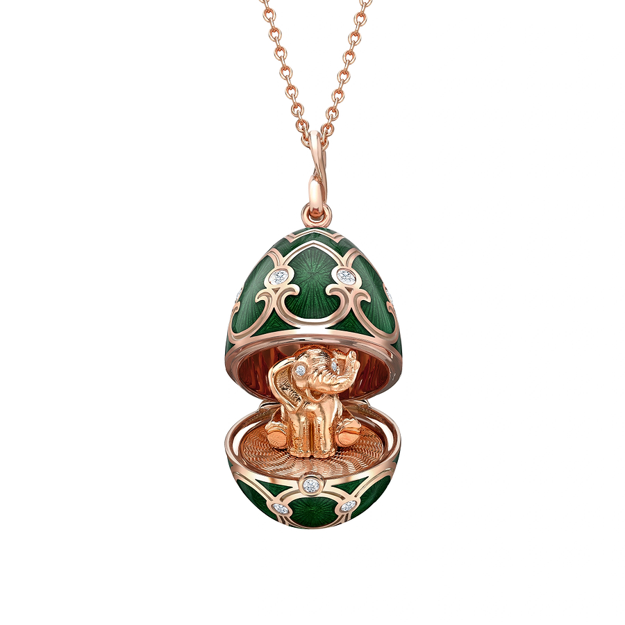 Rose Gold Diamond & Green Guilloché Enamel Elephant Surprise Locket | Fabergé