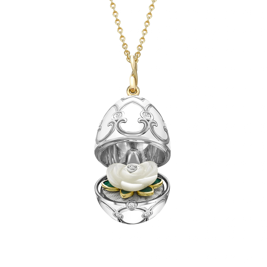 White and Yellow Gold Diamond and White Enamel Carved Mother of Pearl Rose Surprise Locket | Fabergé