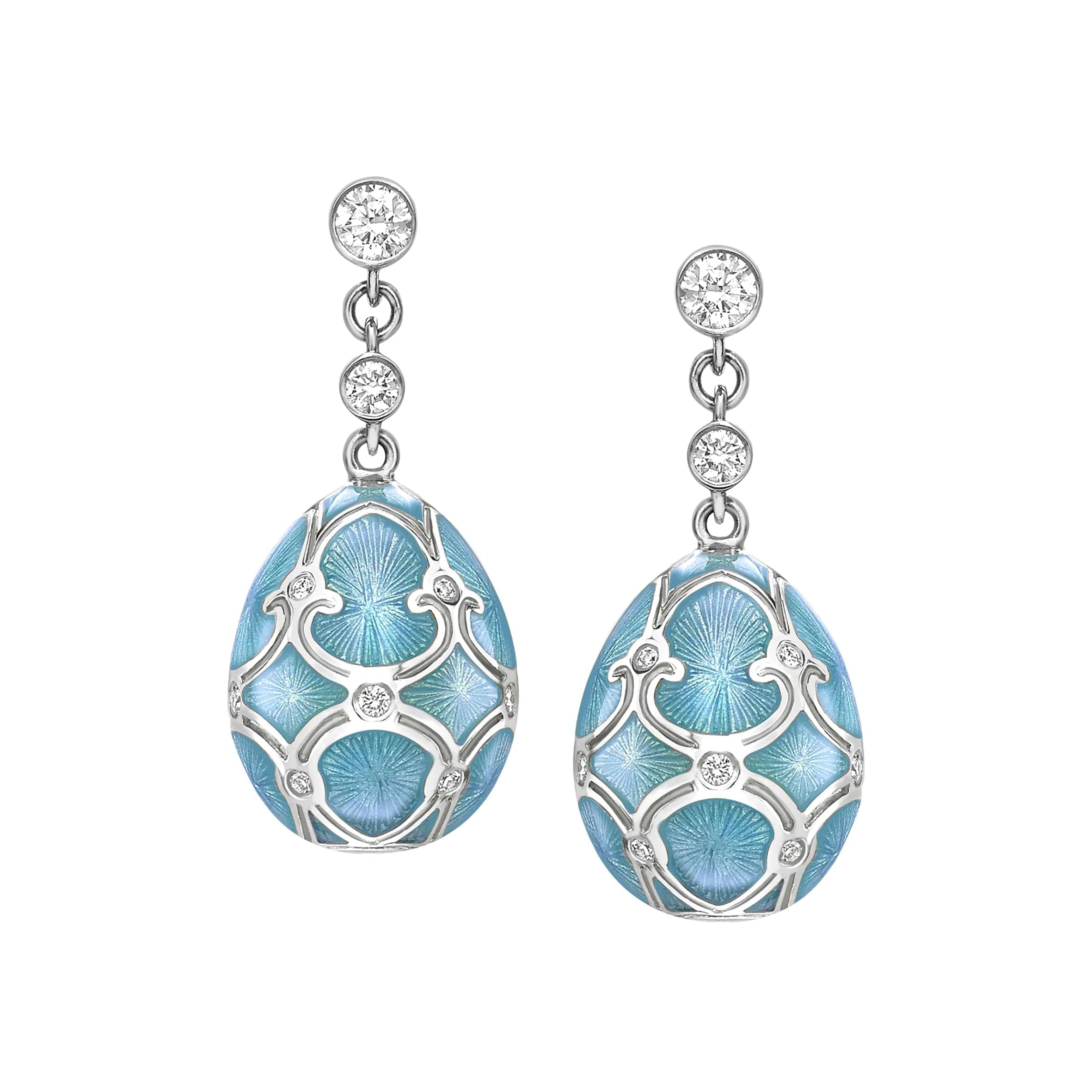 White Gold, Diamond & Teal Enamel Egg Drop Earrings | Fabergé | Fabergé