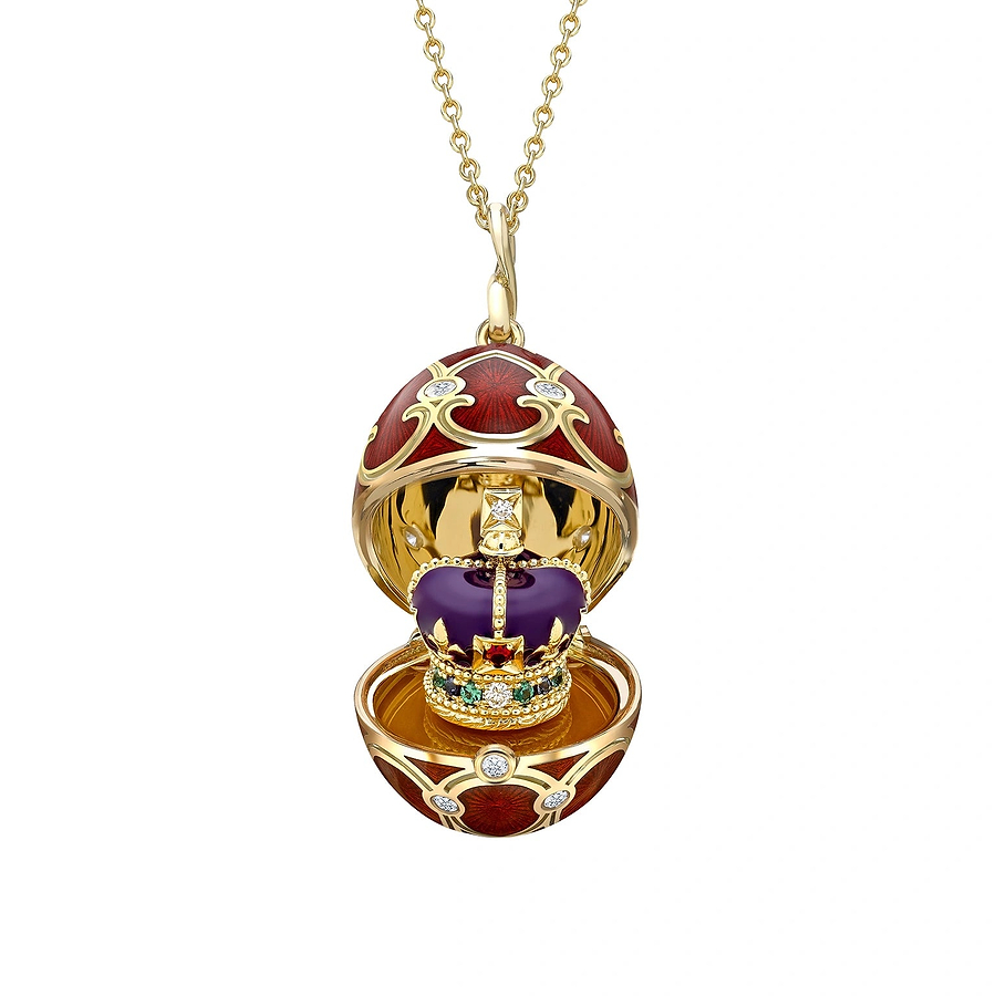 Yellow Gold Diamond & Red Guilloché Enamel Coronation Crown Surprise Locket | Fabergé