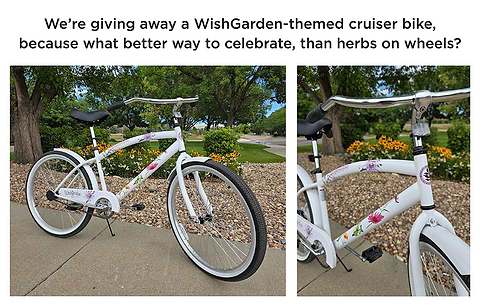 We’re giving away a WishGarden-themed cruiser bike, because what better way to celebrate than herbs on wheels?