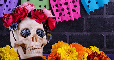 Día de los Muertos Skull, Flags and Flowers