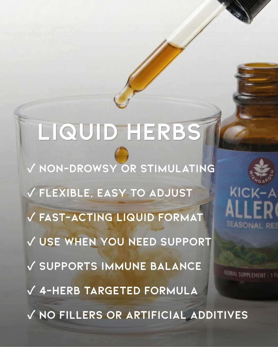 image of a dropperful of Kick-Ass Allergy being dosed into a glass of water