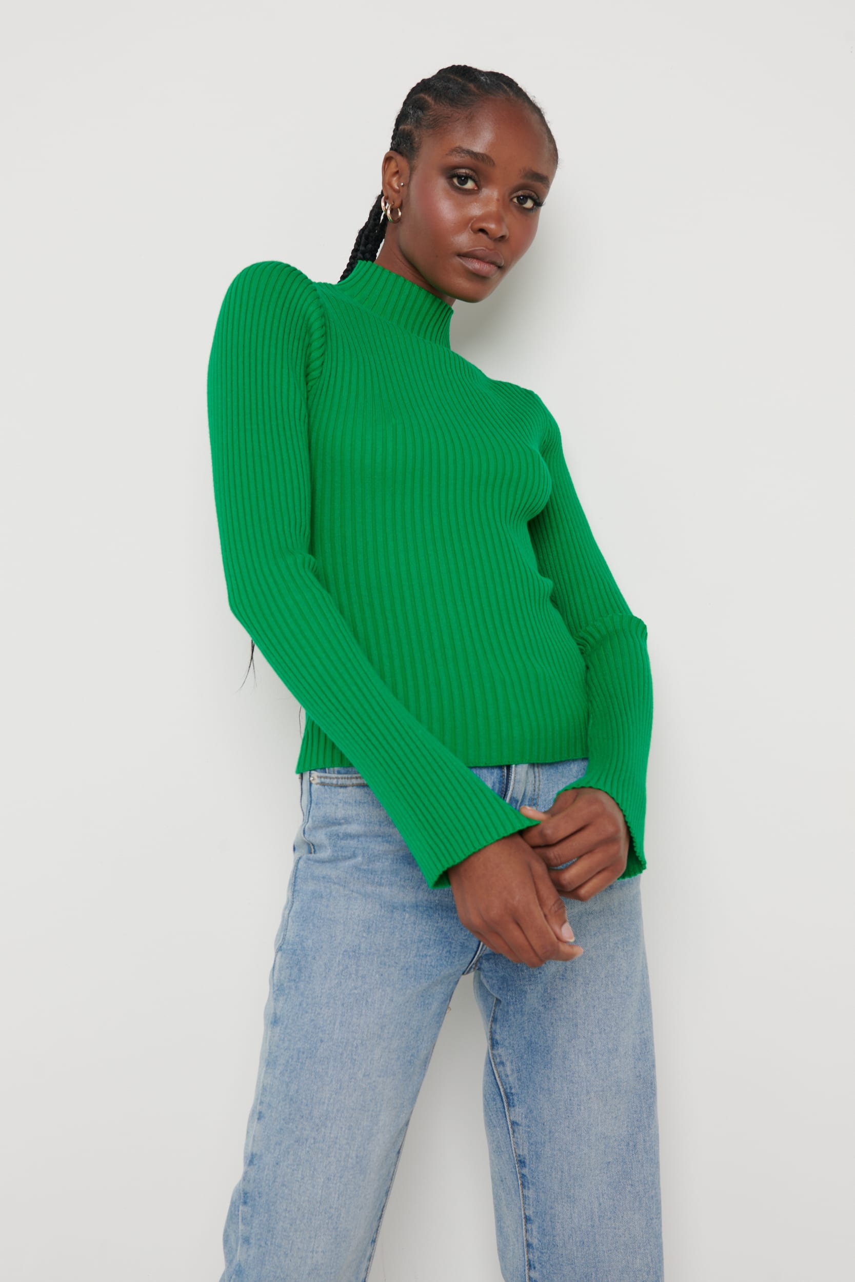 Abbey Ribbed Grown Neck Top - Bright Green