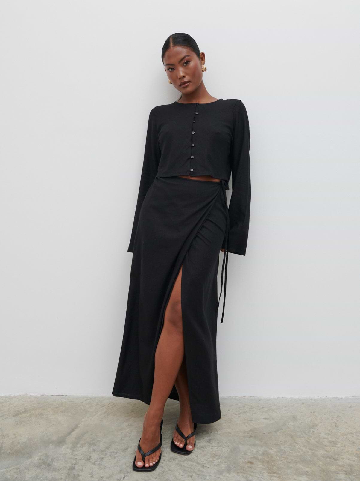 Abigail Wrap Linen Midaxi Skirt - Black