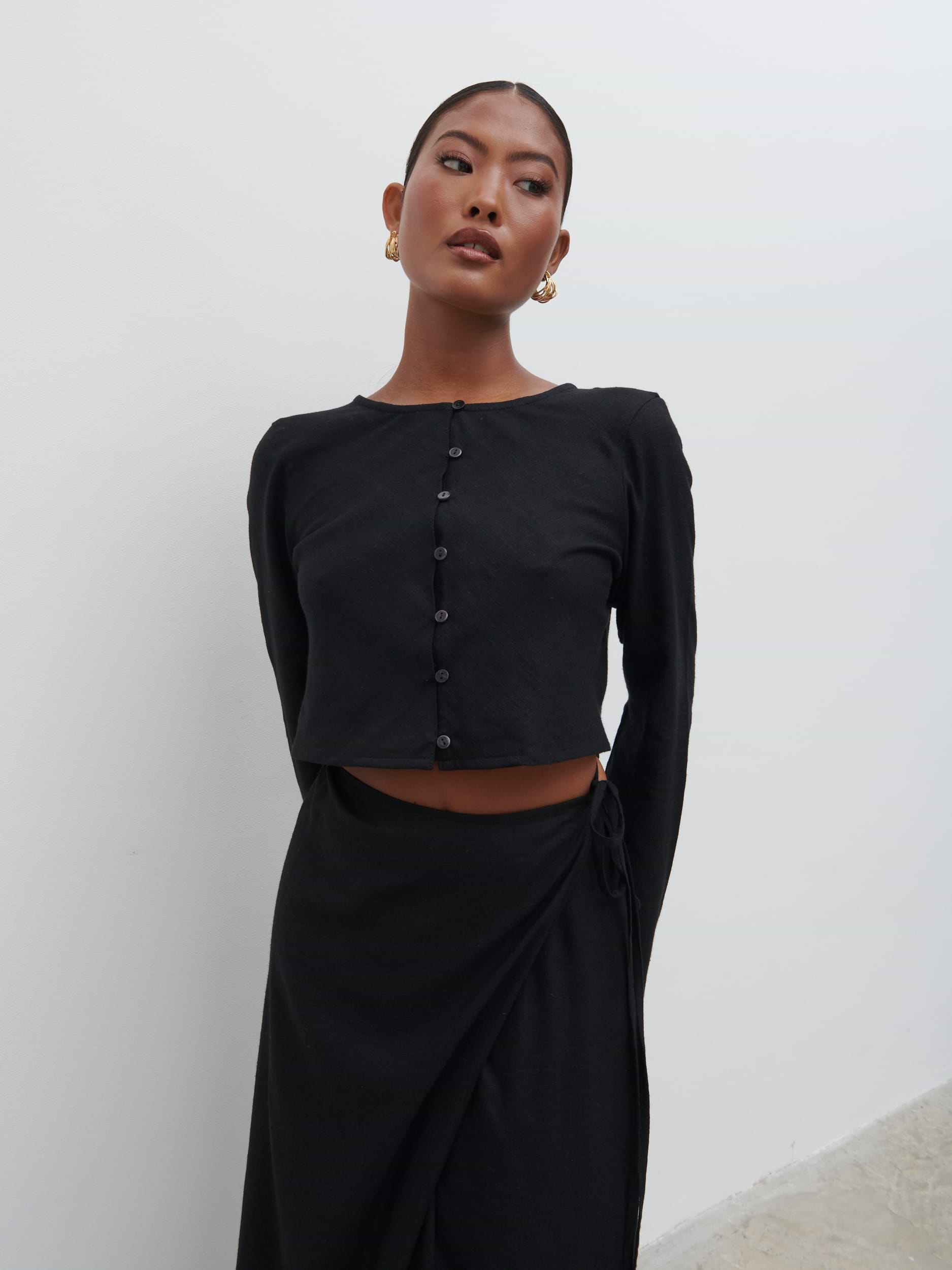 Abigail Button Front Linen Blouse - Black